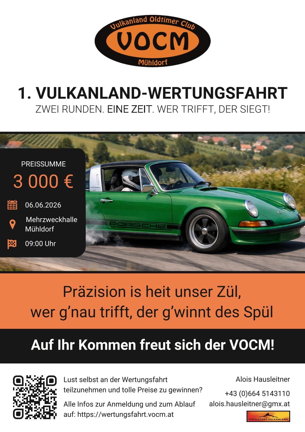 A green Porsche car is driving on a road with smoke. The event date is June 6, 2026, at 9:00 AM in Mehrzweckhalle Mühldorf. The price is 3,000 euros. Precision is our goal.