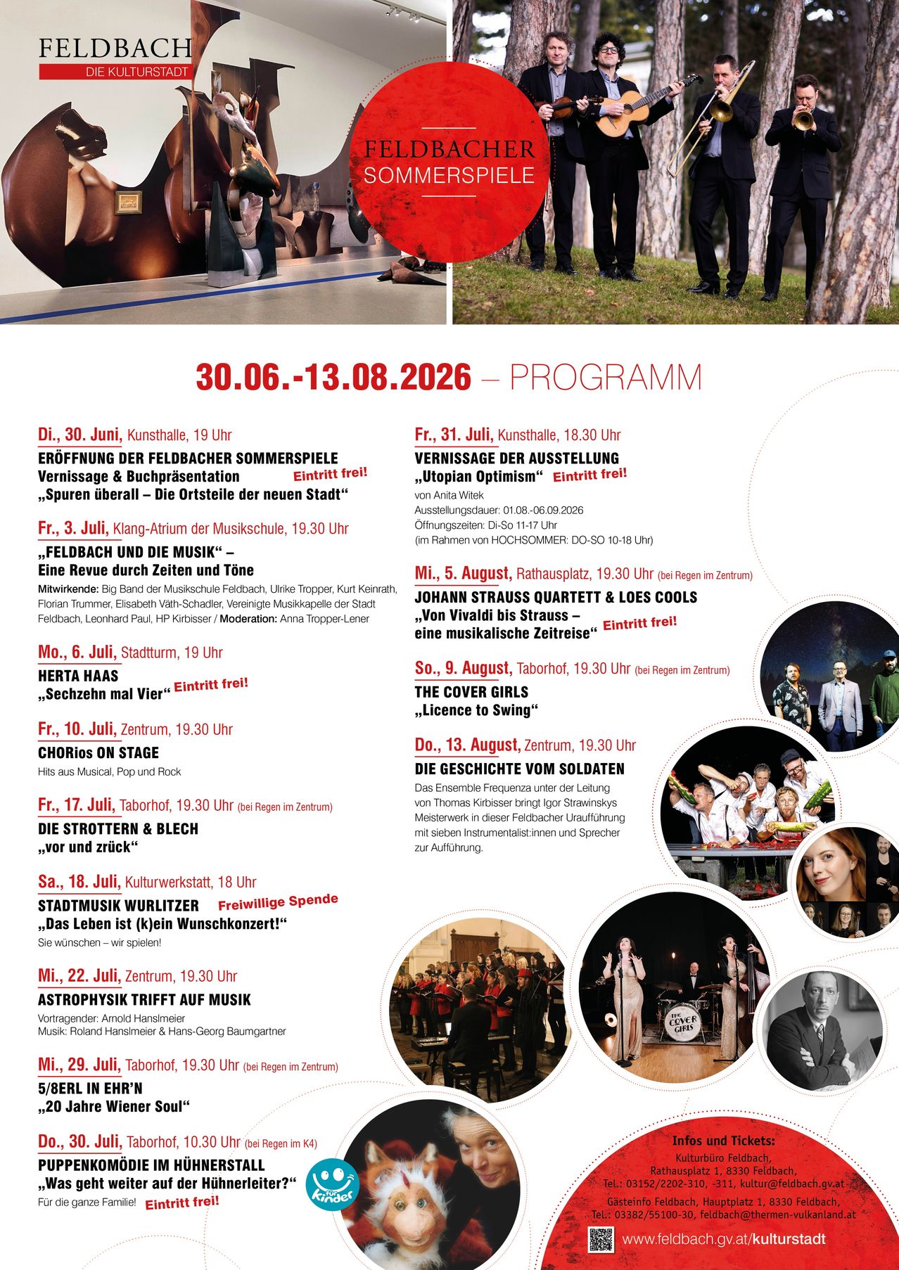 Poster mit Terminen und Veranstaltungen vom 30.06 bis 13.08.2026, einschließlich Eröffnung der Feldbacher Sommerspiele, verschiedener Konzerte und kultureller Veranstaltungen. Die Veranstaltungen sind frei zugänglich.