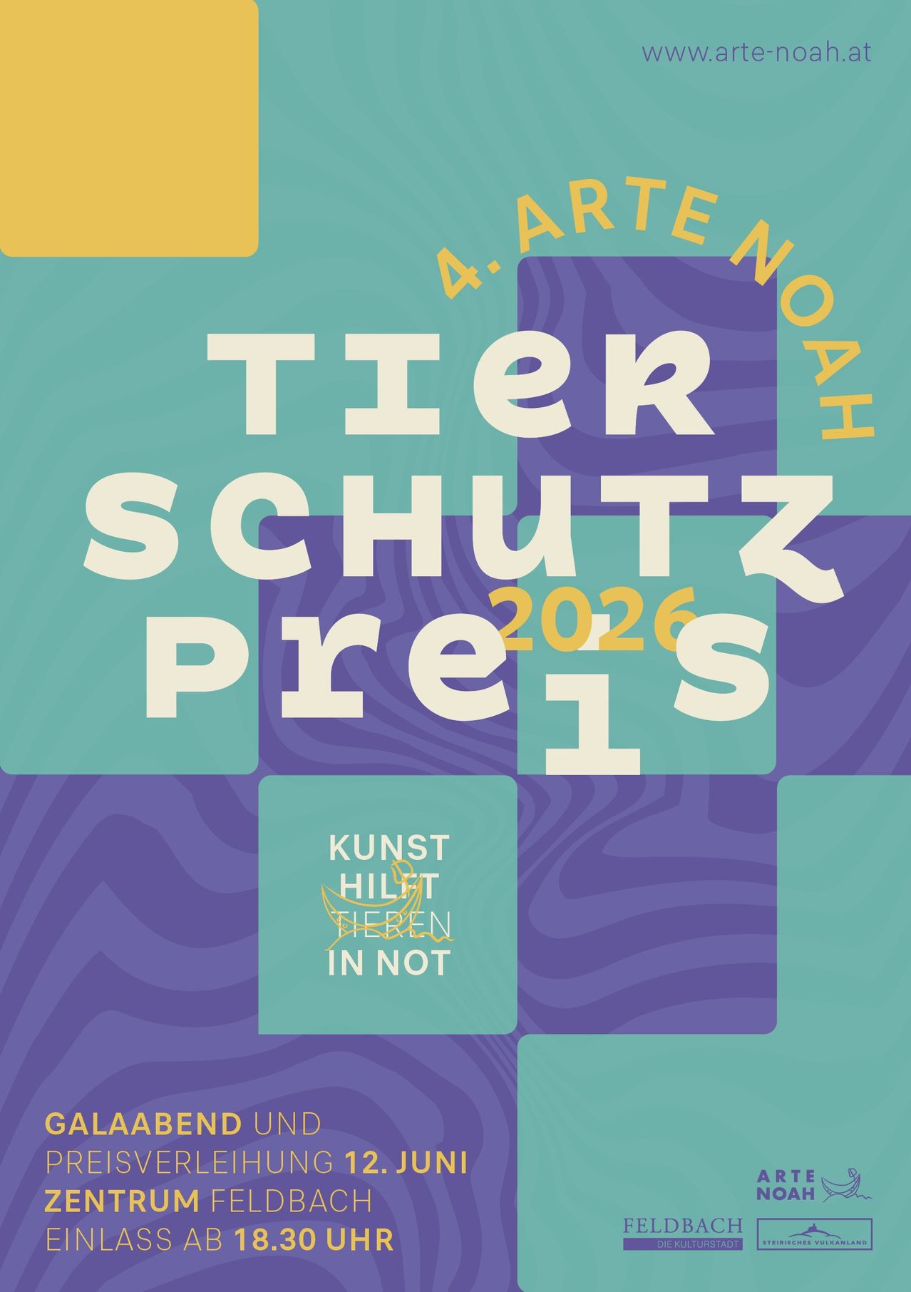 Plakat für den 4. jährlichen Tierschutzpreis im Jahr 2026, mit einem lebendigen, abstrakten Hintergrund und dem Titel in großen weißen Buchstaben. Der Slogan 'Kunst hilft Tieren in Not' ist in Gelb geschrieben.