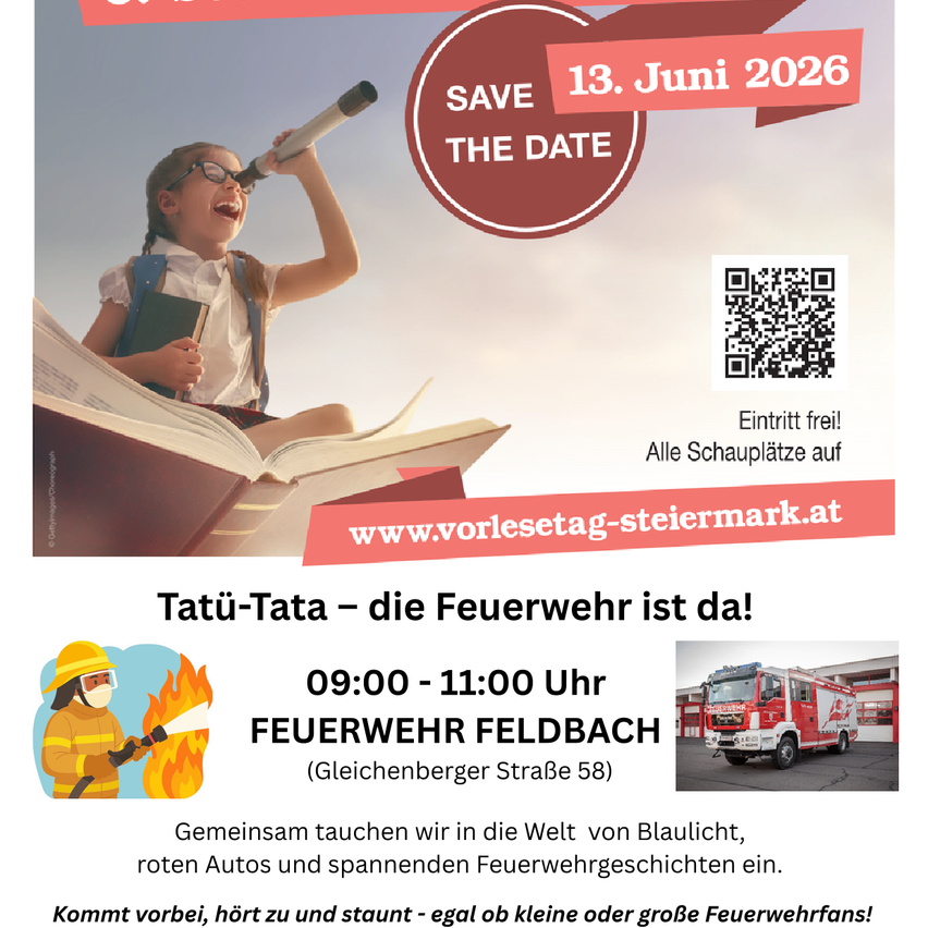 Plakat für den Vorlesetag am 13. Juni 2026. Zeigt ein Kind mit Teleskop, einen Feuerwehrmann und einen Feuerwehrwagen. Eintritt frei, QR-Code für weitere Informationen.