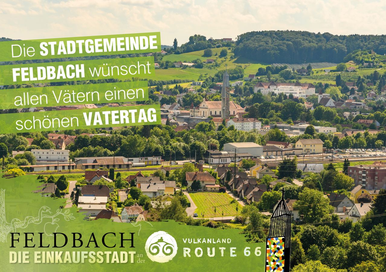 Ein Gemeindeplakat zur Förderung eines Vatertags-Events. Der Plakat hat grünen Text und einen grünen Banner mit einem Bild einer Stadt mit Häusern und einem Turm.