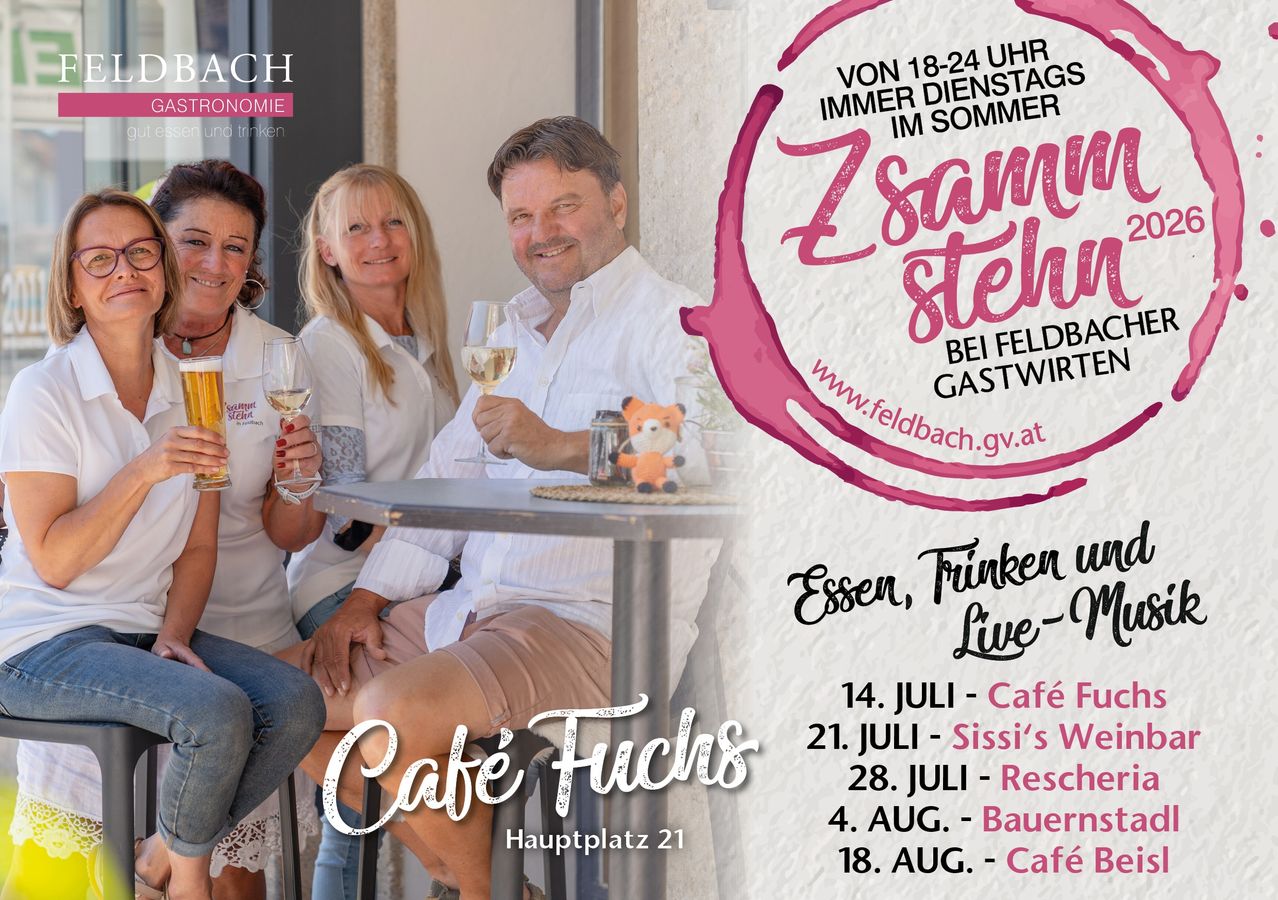Three people sitting at a table with drinks, smiling for a photo. The image is an advertisement for a cafe with dates and events listed.