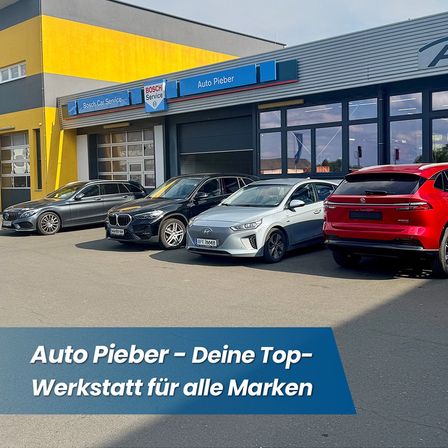 Vier Autos sind vor einer Autowerkstatt geparkt. Die Werkstatt hat blaue und gelbe Wände und ein blaues Schild mit der Aufschrift 'Auto Pieber'. Die Autos sind von verschiedenen Marken und Farben.