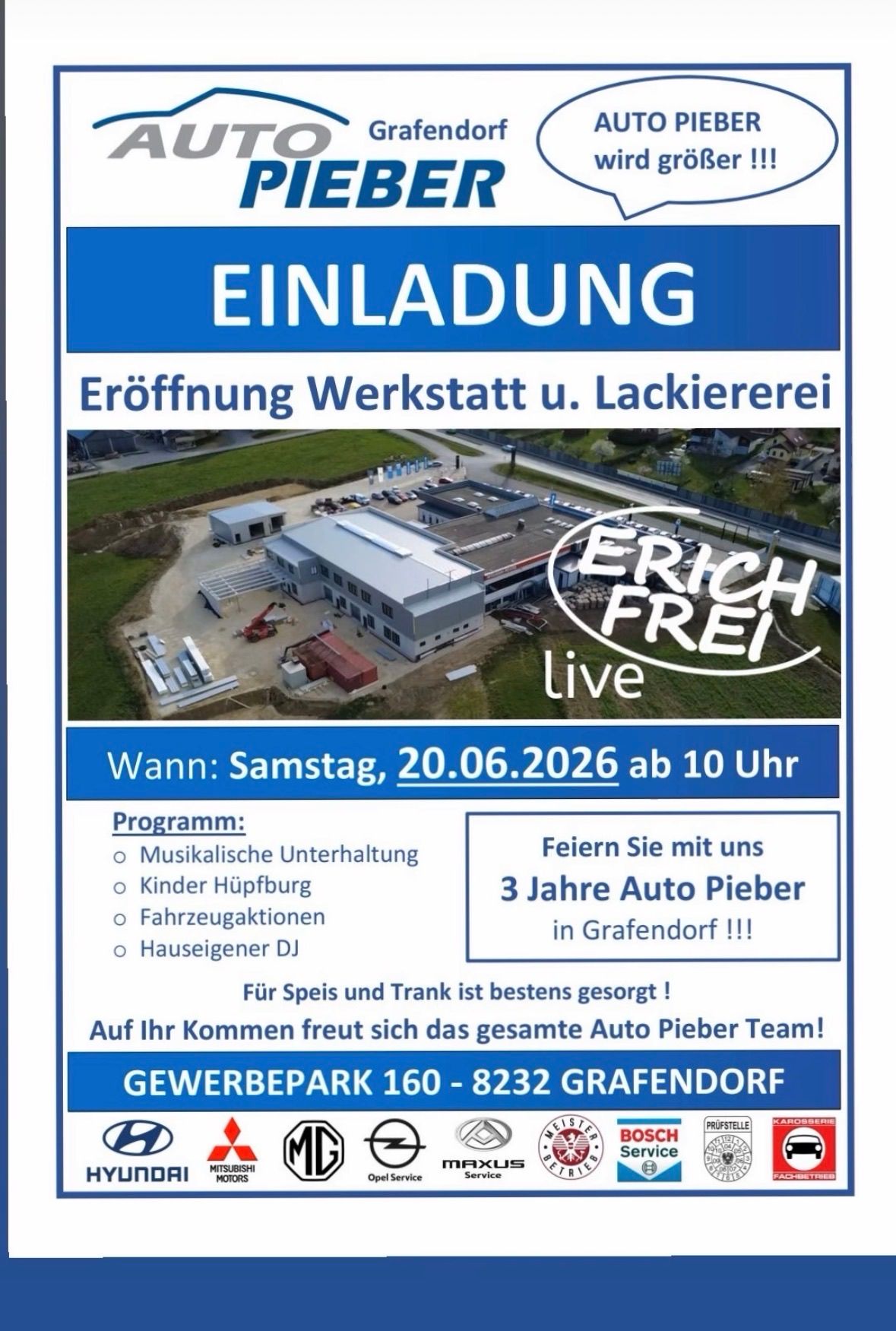 Plakat zur Eröffnung eines Werks und Lackiererei. Veranstaltungsdatum: Samstag, 20.06.2026 ab 10 Uhr. Aktivitäten umfassen musikalische Unterhaltung, Kinderhüpfburg, Fahrzeugpräsentationen und DJ. Essen und Getränke sind vorhanden.