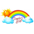 Ein bunter Regenbogen über flauschigen Wolken mit einer strahlenden Sonne im Hintergrund, mit dem Text 'Einfach Das Beste' in fetten roten Buchstaben.