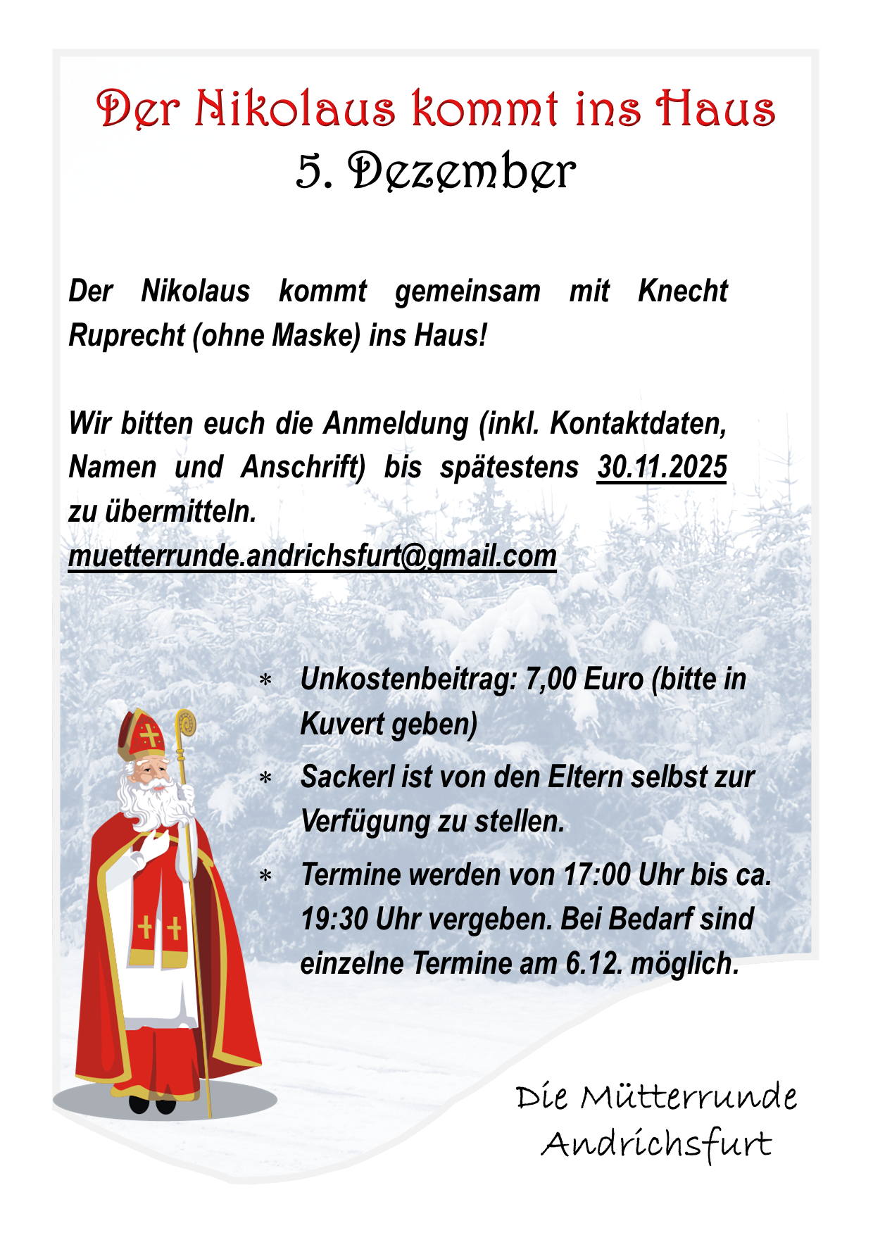 Plakat kündigt Nikolaus-Besuch an und bittet um Anmeldung bis 30.11.2025. Details umfassen Kosten von 7,00 Euro, Bereitstellung von Sacker durch Eltern und verfügbare Zeitfenster von 17:00 bis 19:30 Uhr. Individuelle Zeitfenster können am 6.12. vereinbart werden.