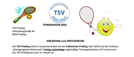 Das Dokument ist eine Einladung zum Freitagskurs, organisiert vom Tennisverein Predig in Zusammenarbeit mit der Volksschule Predig, dem ASV und Bewegungsland Steiermark. Es bietet Trainingseinheiten, die auf alle Kinder ausgerichtet sind, um die Teilnahme und die Entwicklung von Tennisfähigkeiten zu fördern. Die Einheiten finden wöchentlich freitags statt und beinhalten verschiedene Aktivitäten wie Koordination, Spaß und Ballspiele. Eine Anmeldegebühr von 10 Euro ist erforderlich.