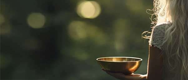 Eine Frau mit langen blonden Haaren hält eine goldene Schüssel in den Händen in einem Wald.