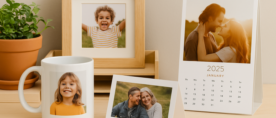 Ein Fotokalender für 2025 mit verschiedenen Familienfotos steht auf einem Schreibtisch mit einem Bilderrahmen, einer Tasse und einem Regal.