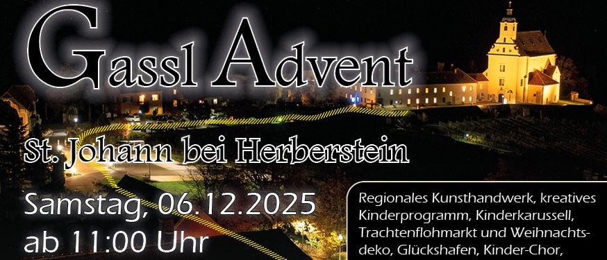 Ein Werbeplakat für die Glassl Advent Veranstaltung in St. Johann bei Herberstein, mit regionaler Kunst, kreativem Kinderprogramm, Nachtmarkt und Weihnachtsdekoration. Die Veranstaltung findet am 6. Dezember 2025 ab 11:00 Uhr statt.