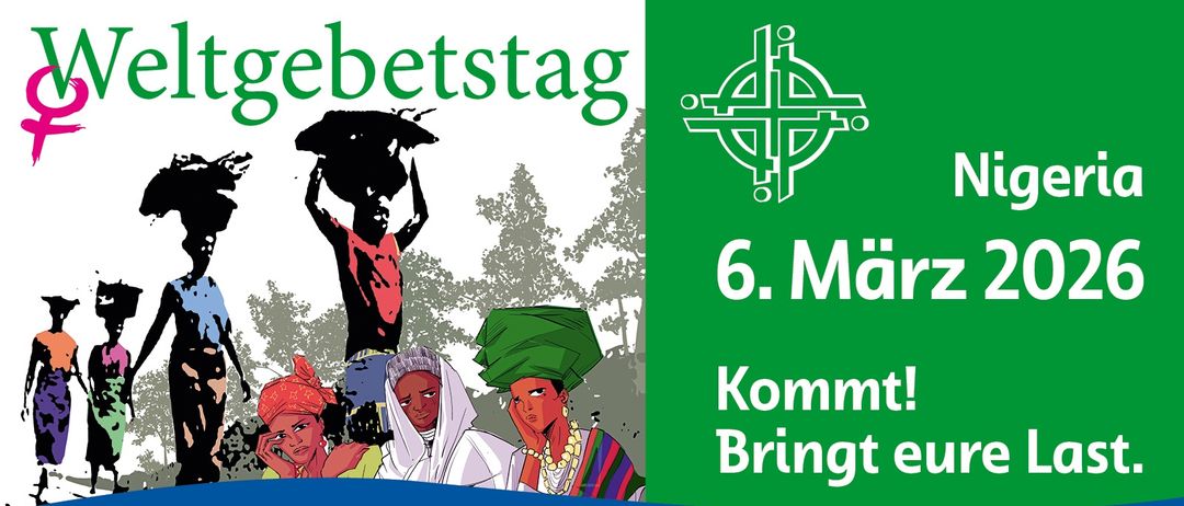 Plakat für den Gebetstag am 6. Mai. Es zeigt eine Illustration von verschiedenen Personen mit einem Regenbogenbanner am unteren Rand.