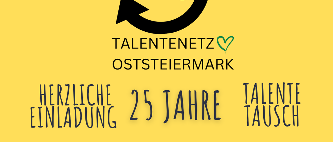 Gelbes Poster mit Herzsymbol und 'Talentenetz Oststeiermark' Text. Feiert 25 Jahre mit 'Herzliche Einladung' und 'Talente Tausch'. Angebote von Chili con Carne und Kaffee & Kuchen. Musikalische Unterhaltung und Talentaustausch in 8222 St. Johann B. Herberstein. Kontaktieren Sie Maria Prem unter talentenetz@gmx.at oder 0650/3514229.