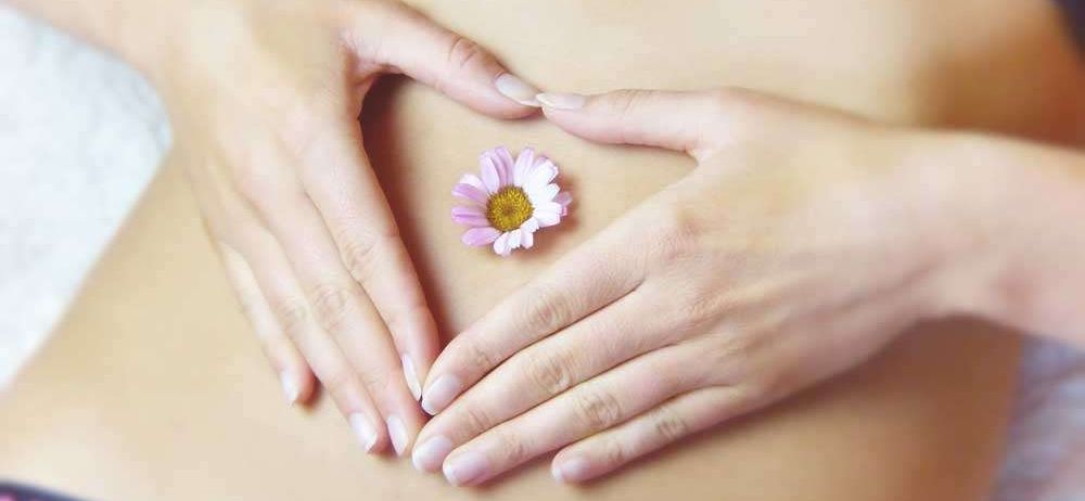 Die Hände einer Person bilden eine Herzform um eine rosa Blume auf ihrem Bauch.