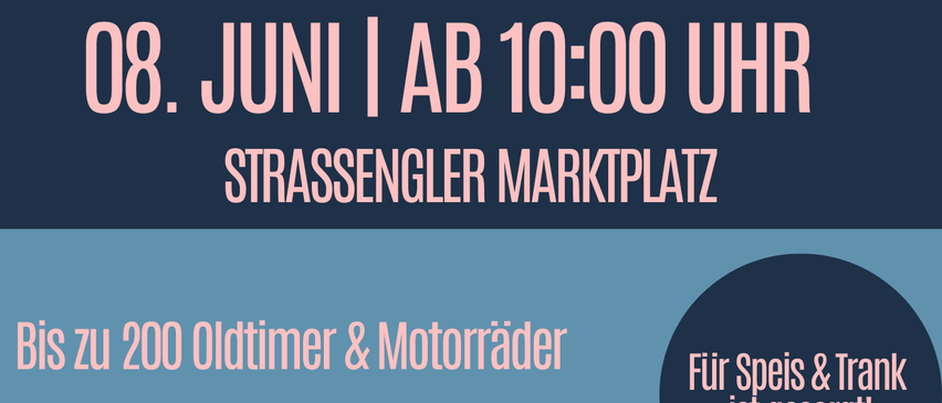 Blaues Auto vor blauem Hintergrund. Veranstaltungsposter für ein Oldtimertreffen am 8. Juni um 10:00 Uhr. Der Text lautet: Für Essen und Getränke ist gesorgt.
