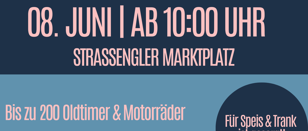 Blaues Auto vor blauem Hintergrund. Veranstaltungsposter für ein Oldtimertreffen am 8. Juni um 10:00 Uhr. Der Text lautet: Für Essen und Getränke ist gesorgt.