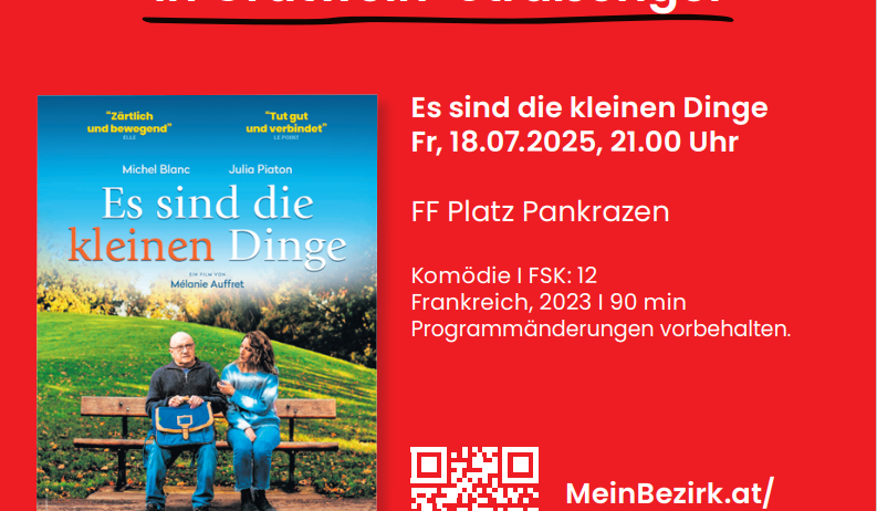 Das Plakat bewirbt eine Filmvorführung mit dem Titel 'Es sind die kleinen Dinge' am Freitag, 18.07.2025, um 21.00 Uhr am FF Platz Pankrazen. Der Film ist eine französische Komödie, FSK 12, und dauert 90 Minuten.