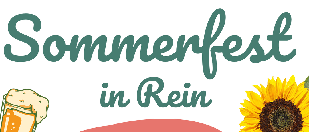Ein Plakat für ein Festival in Rein mit einer Sonnenblume, einem Bierglas und einer Trompete. Das Event wird von Eisbacher Jaghornblaser und anderen organisiert. Aktivitäten umfassen Musik, Tanz und Spiele. Es beginnt um 14 Uhr am Samstag, 30. August.