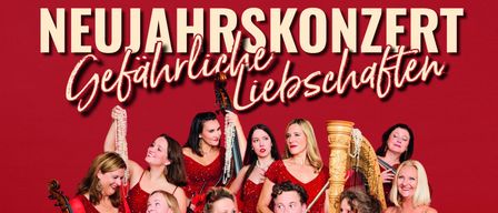 Eine Gruppe von Musikern in roten Kleidern mit einem Mann in einem schwarzen Anzug posiert für ein Foto. Das Poster ist für eine musikalische Veranstaltung im Januar 2026.