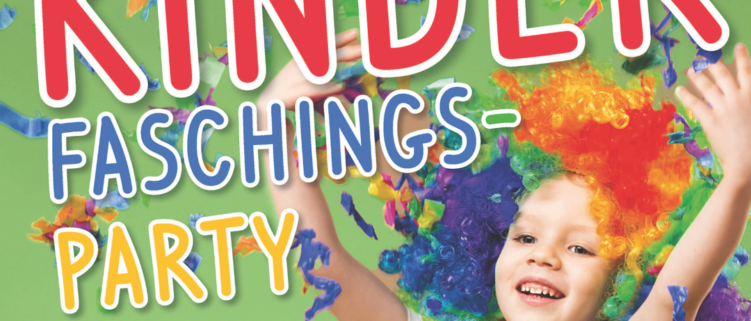 Plakat für eine Kinderfaschingsparty mit einem fröhlichem Kind, das die Hände hebt. Das Plakat zeigt Konfetti, das Datum 17. Februar und Aktivitäten wie Tanzen und Spiele. Das Kind trägt eine mehrfarbige Perücke.