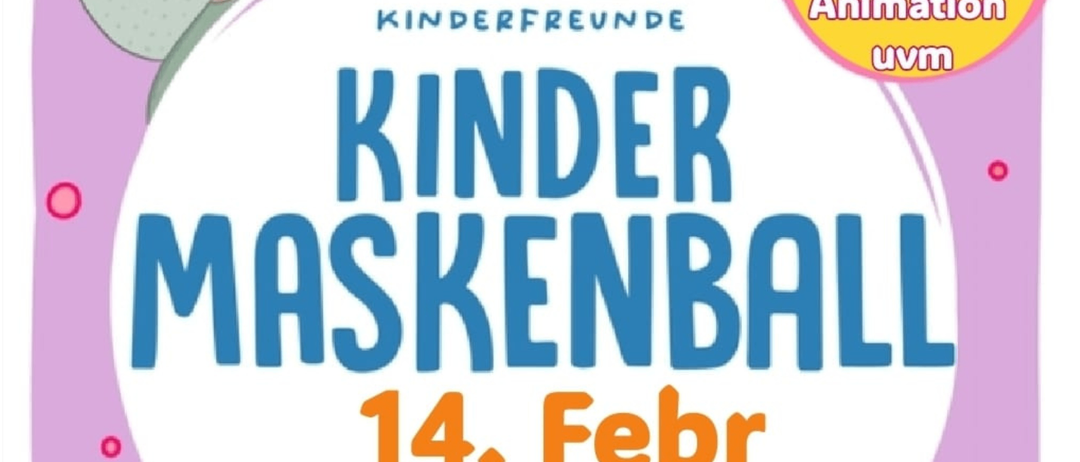 Ein Plakat für die Kinder Maskenball Veranstaltung am 14. Februar in der Strassengler Halle von 14:30 bis 17:30 mit Cartoon-Illustrationen von Kindern in Kostümen.