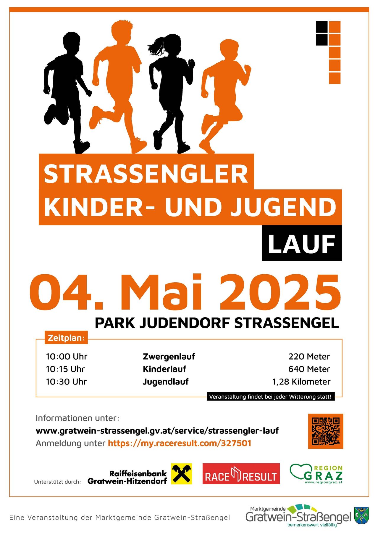 Plakat für den Strassengler Kinder- und Jugend Lauf am 4. Mai 2025. Zeitplan: 10:00 Uhr Zwergenlauf, 10:15 Uhr Kinderlauf, 10:30 Uhr Jugendlauf. Läufe über 220 Meter, 640 Meter und 1,28 Kilometer. QR-Code für die Anmeldung.