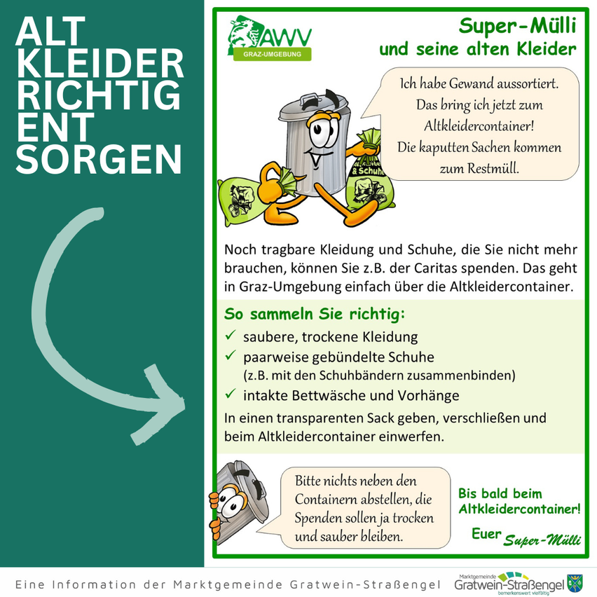 Ein Poster zur richtigen Entsorgung alter Kleidung mit Anweisungen, einem Cartoon von einem Mülleimer und einer Erinnerung, die Behälter sauber zu halten.