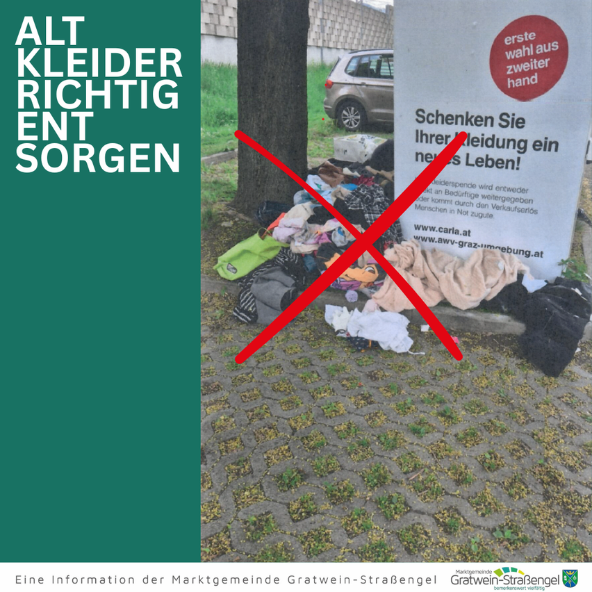 Ein Plakat mit grünem Hintergrund zeigt 'Alt Kleider richtig ent sorgen'. Ein rotes 'X' ist über einem Haufen Kleidung. Ein Schild rät, Kleidung zu spenden.