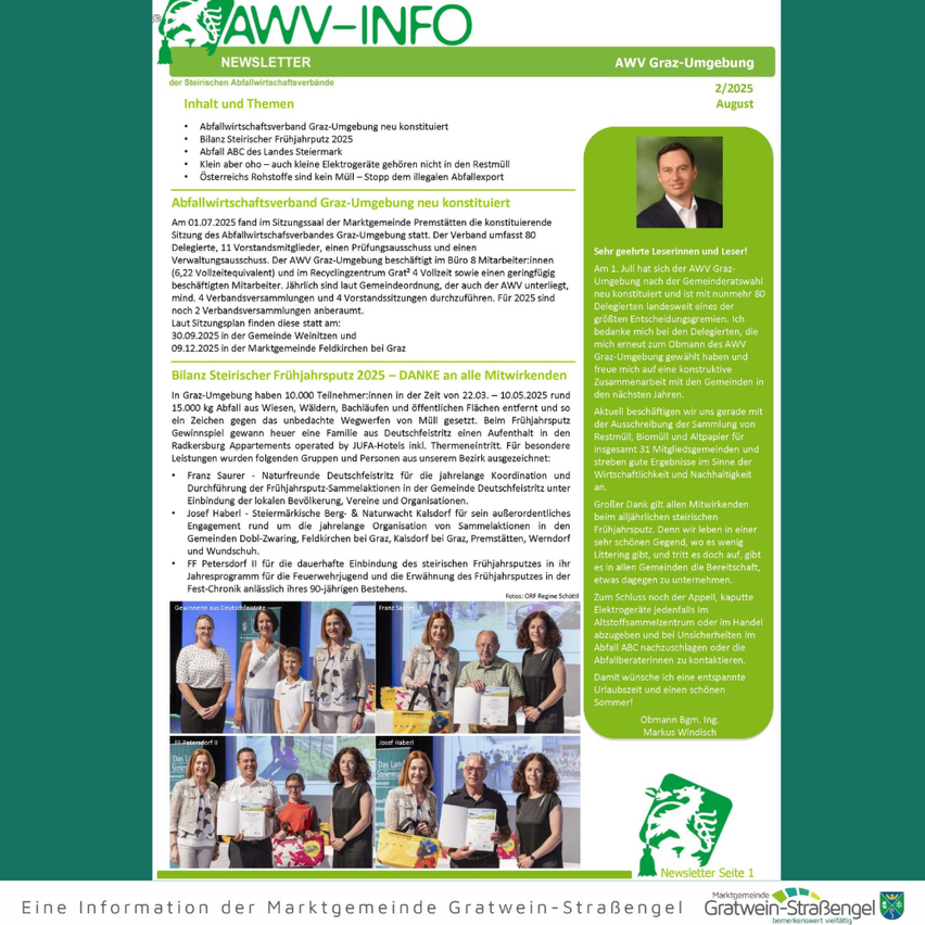 Newsletter der Marktgemeinde Gratwein-Strassengel. Eine neue Bezirksvertretung wurde mit der neuen Verfassung von Graz-Umgebung geschaffen. Die Jahresversammlung der Marktgemeinde findet am 2. Mai 2025 statt. Ein Porträt des Bürgermeisters wird angezeigt.