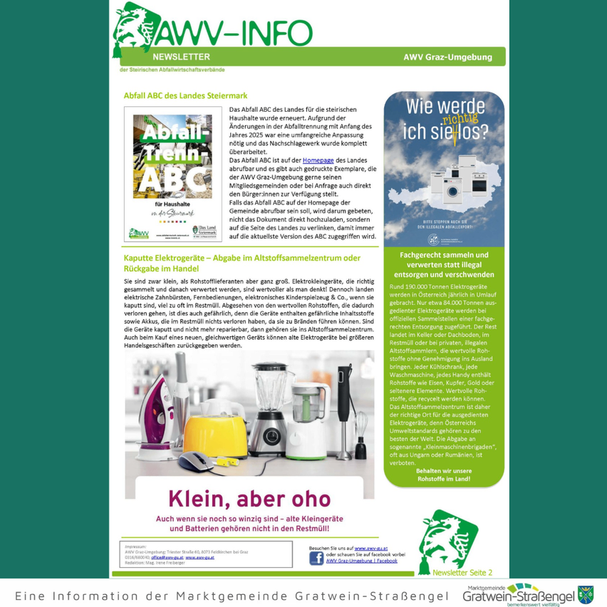 Das Bild zeigt einen Newsletter von AWV mit Informationen über Abfallwirtschaft und Elektrogeräte. Es enthält Updates zur Schließung der ABC-Deponie und Sammelstellen für alte Elektrogeräte. Der Newsletter hat auch einen Abschnitt zur ABC-Homepage, die auf Deutsch verfügbar ist.