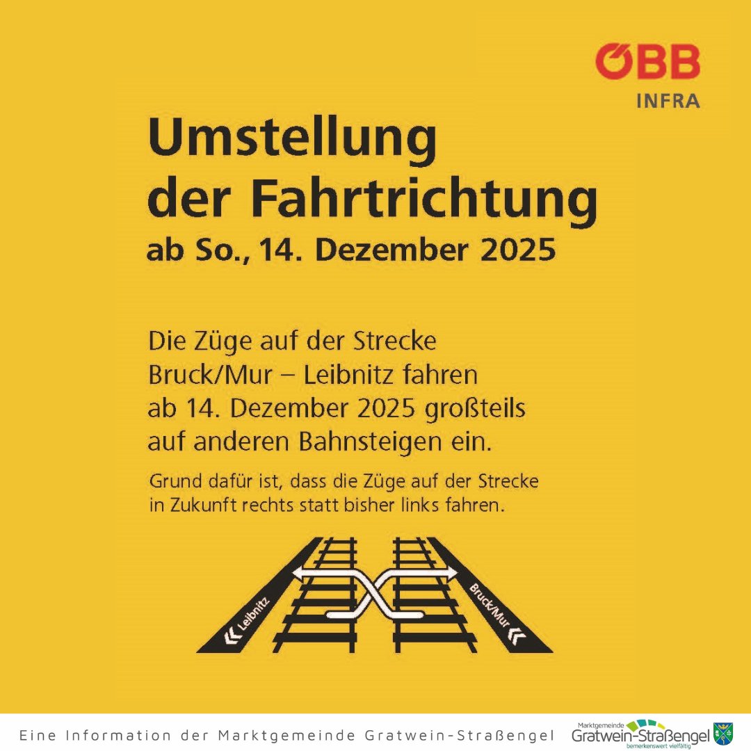 Ein gelbes Plakat informiert über die Umstellung der Fahrtrichtung der Züge auf der Strecke Bruck/Mur-Leibnitz ab dem 14. Dezember 2025. Die Züge fahren künftig auf der rechten statt bisher linken Seite. Der Grund ist, dass die Züge in Zukunft auf der rechten statt der linken Schiene fahren. Die Grafik zeigt die Umstellung mit Pfeilen.