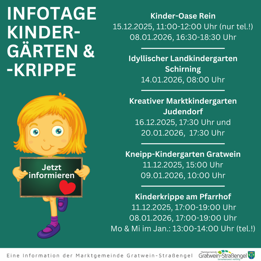 Ein Poster bewirbt verschiedene Kindergärten und Krippen in verschiedenen Orten mit Datum und Uhrzeit. Eine illustriertes Mädchen hält ein Schild mit der Aufschrift 'Jetzt informieren'.