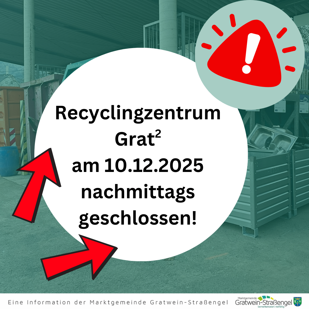 Ein roter Pfeil zeigt auf ein Schild des Recyclingzentrums, das am 10.12.2025 geschlossen ist. Ein Warnsymbol ist ebenfalls vorhanden.
