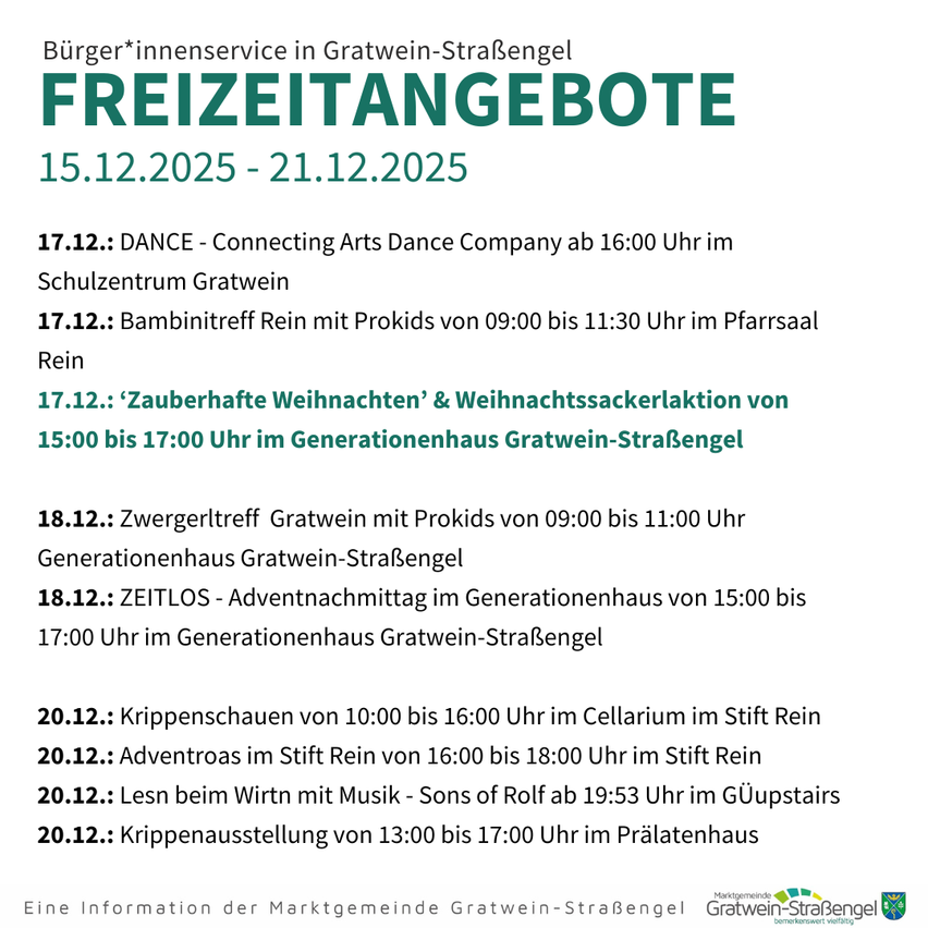 Eine Anzeige für Freizeitangebote vom 15. bis 21. Dezember 2025. Veranstaltungen umfassen Tanz, Weihnachtssackentdeckung, Kindertreffen, Bastelmarkt, Adventmittagessen, Puppenspiel, Adventbraten, Lesung mit Musik und Puppenausstellung. Alle Veranstaltungen finden im Generationenhaus Gratwein-Straßengel statt.