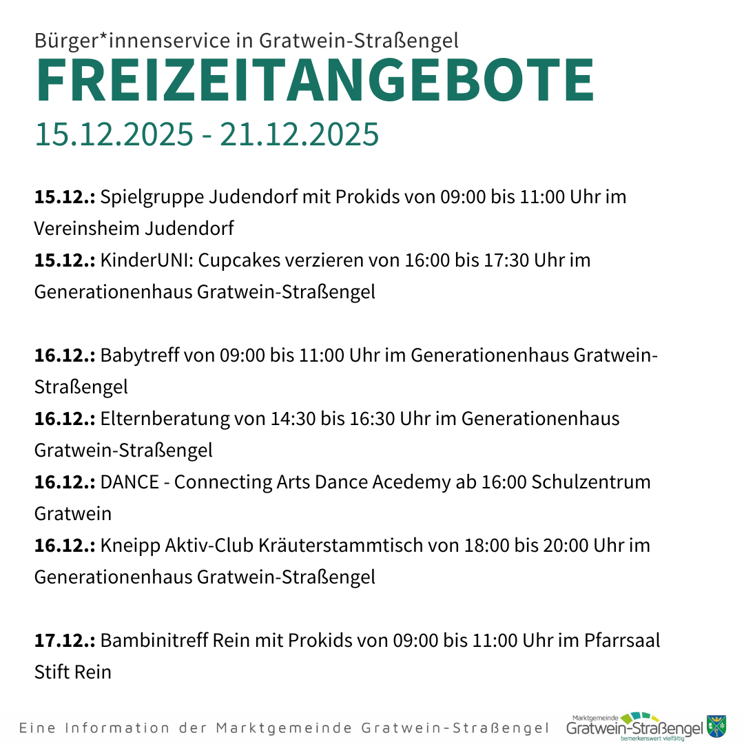 Plakat mit Veranstaltungen vom 15.12.2025 bis 21.12.2025. Veranstaltungen umfassen: Spielgruppe Judendorf von 09:00 bis 11:00 am 15.12, KinderUNI Cupcakes von 16:00 bis 17:30 am 15.12 und weitere.