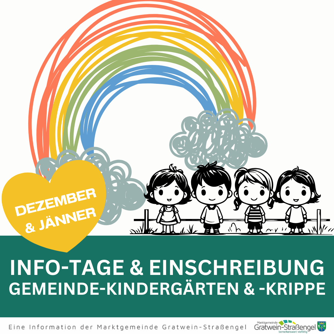 Plakat mit einem Regenbogen und Kindern hinter einem Zaun. Der Text lautet 'INFO-TAGE & ANMELDUNG GEMEINDEKINDERGARTEN & KRIPPE.'