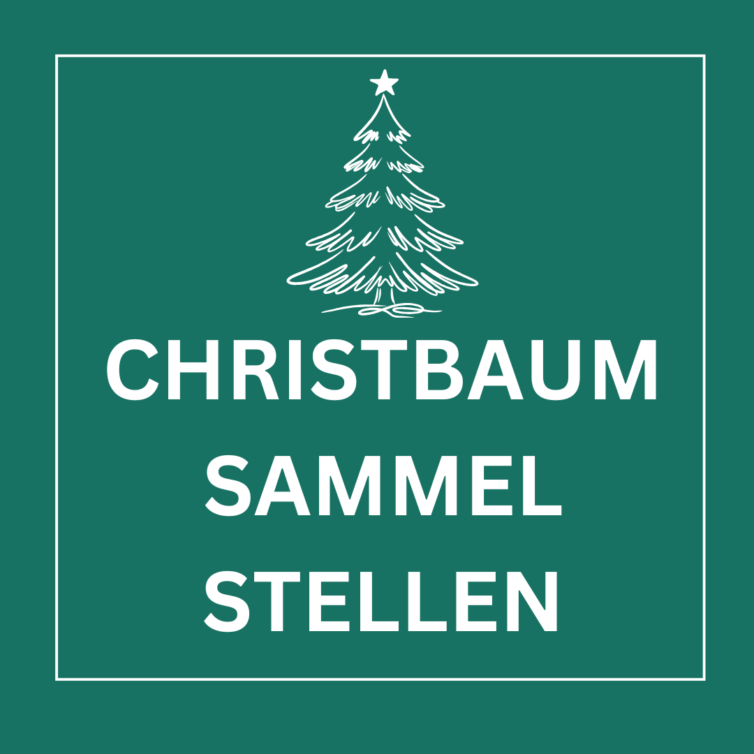 Ein grüner Hintergrund mit einer weißen Weihnachtsbaum-Illustration und dem Text 'CHRISTBAUM SAMMEL STELLEN'.
