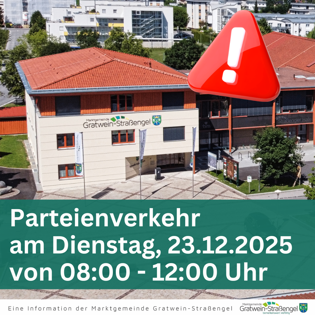 Eine Luftaufnahme eines Gebäudes mit rotem Dach und weißen Wänden. Ein rotes Dreieck mit Ausrufezeichen oben. Der Text lautet: Parteienverkehr am Dienstag, 23.12.2025 von 08:00 - 12:00 Uhr.