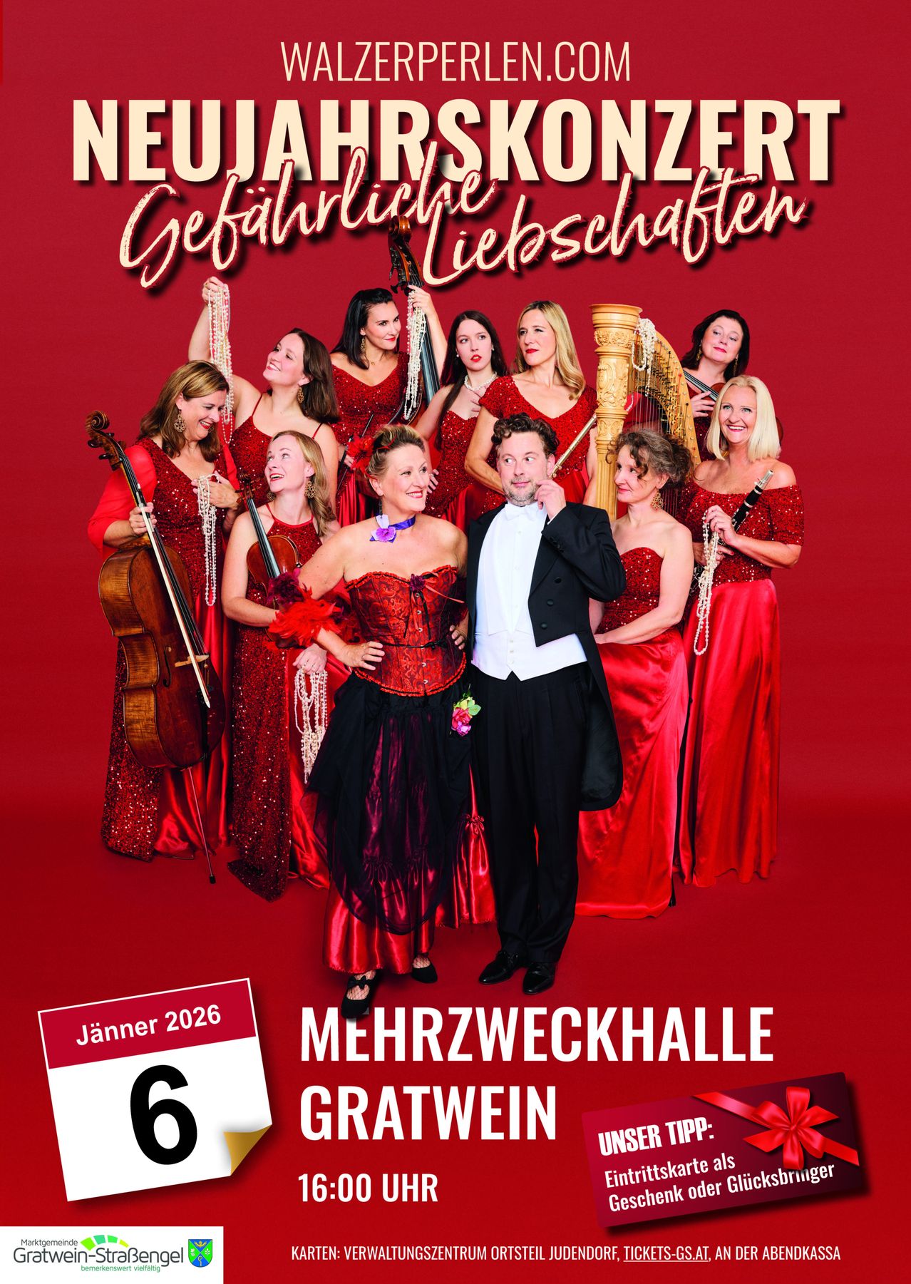 Eine Gruppe von Musikern in roten Kleidern und einem Mann im Anzug posiert für ein Foto. Der Plakathintergrund ist rot mit den Worten 'Gefährliche Liebschaften'. Das Datum 'Januar 2026' ist links angegeben. Der Veranstaltungsort 'Mehrzweckhalle' ist in Weiß geschrieben.