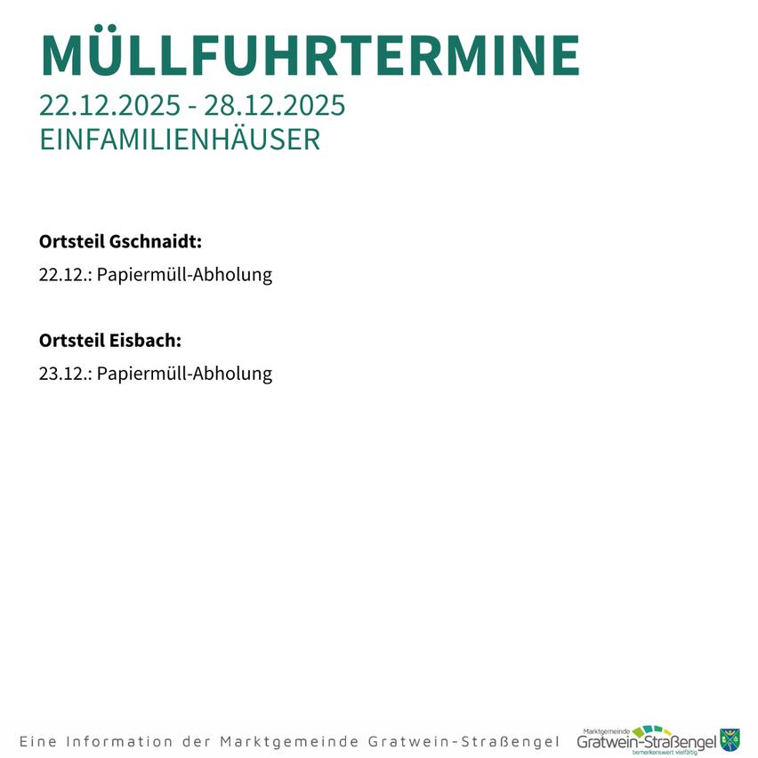 Das Bild zeigt einen Zeitplan für die Abfallsammlung. Es listet 'Abfallsammeltermine' vom 22. Dezember 2025 bis 28. Dezember 2025 auf. Es spezifiziert Sammelstellen und Daten für die Papierabfuhr.