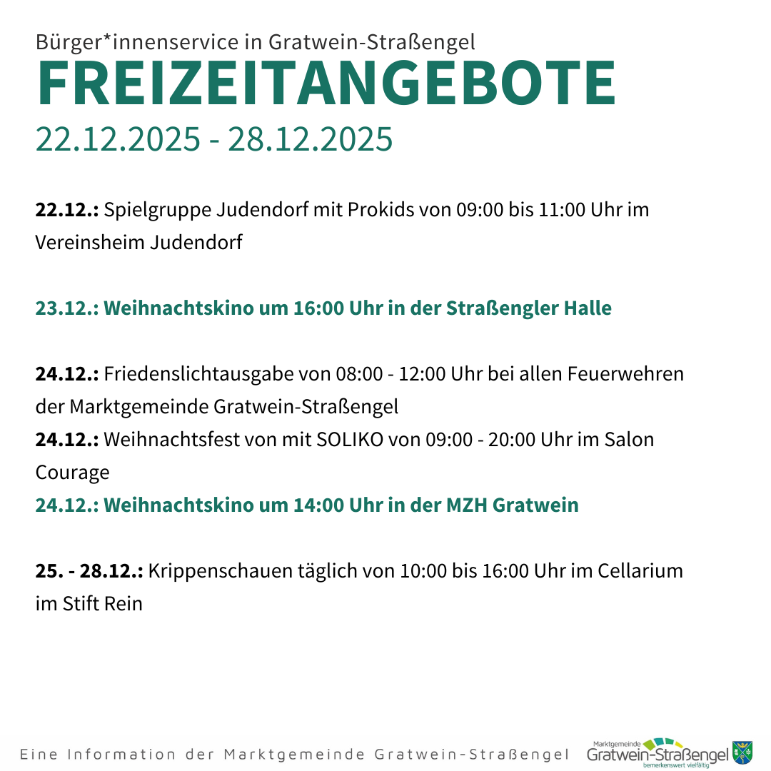 Plakat der Gemeinde Gratwoin-StraBenguel. Es listet freie Aktivitäten vom 22.12.2025 bis 28.12.2025 auf, darunter Kindergruppen, Weihnachtsfilme, Friedensangebote, Weihnachtsfeiern und Puppentheater.