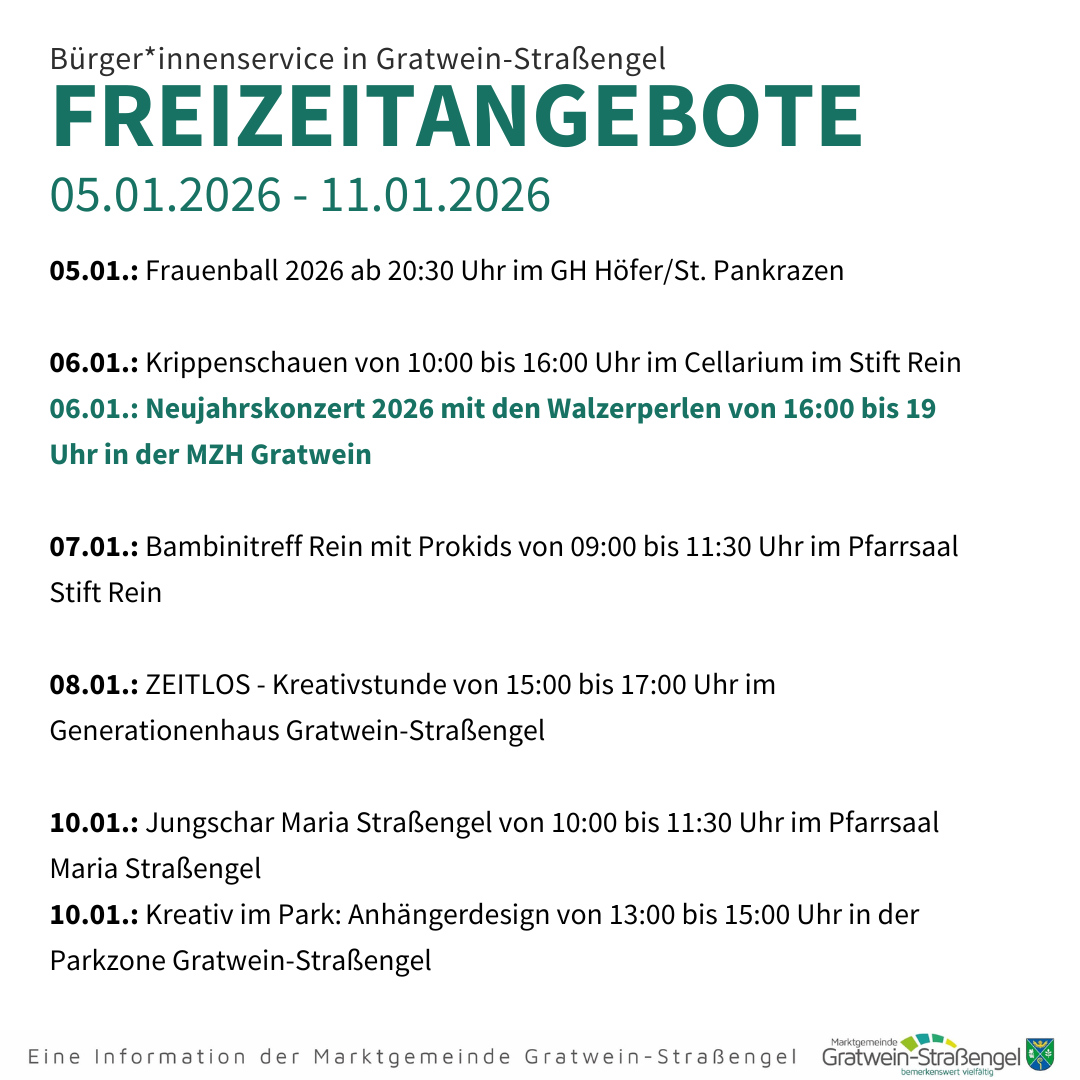 Plakat zur Werbung für Freizeitaktivitäten in Gratwein-Strafengel vom 5.01.2026 bis 11.01.2026. Aktivitäten umfassen Frauenfußball, ein Neujahrskonzert und verschiedene Kreativsitzungen.