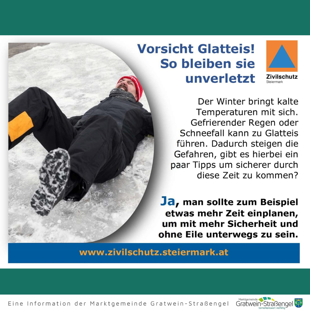 Ein Mann liegt auf Schnee, warnt vor Eis, ein Dreieckssymbol und Tipps zur Sicherheit im Winter werden von Zivilschutz Steiermark bereitgestellt.