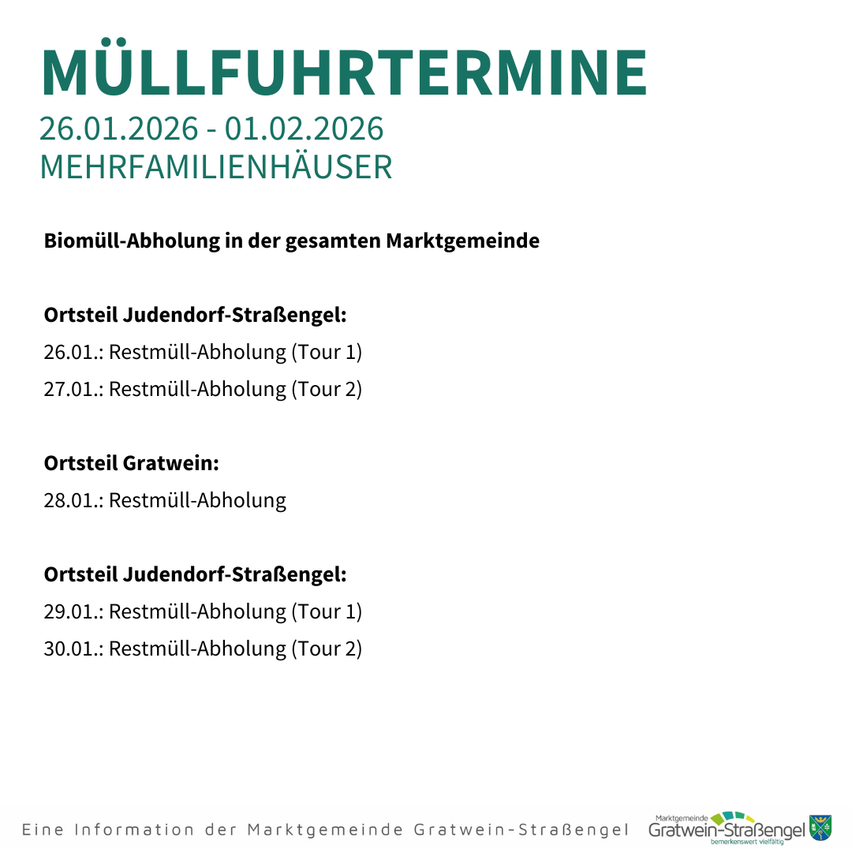 Plakat für Abfallsammeltermine in Gratwein-StraBengel, Österreich. Sammeltermine vom 26.01.2026 bis 01.02.2026. Details für mehrere Standorte.