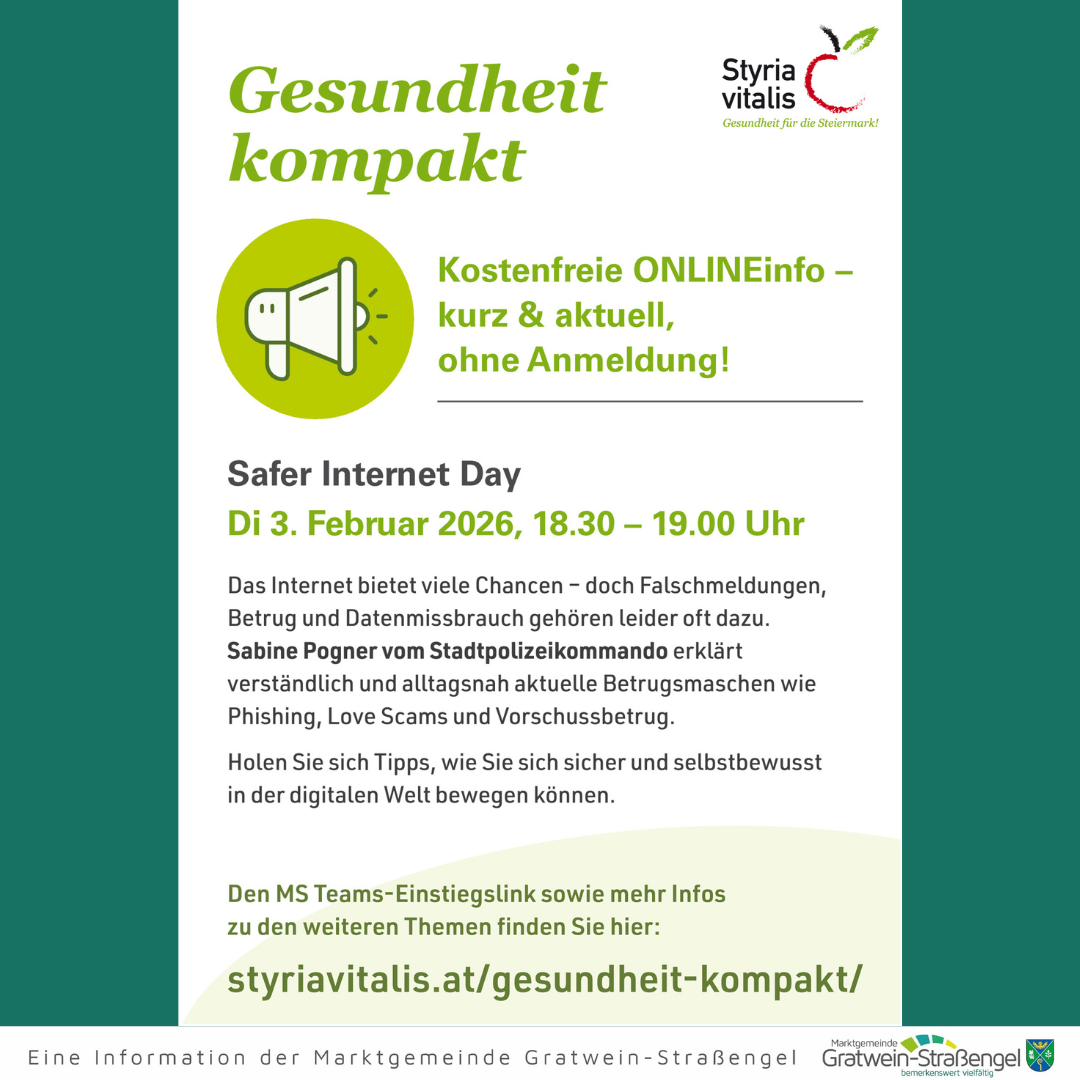 Plakat für den Safer Internet Day am 3. Februar 2026, von 18:30 bis 19:00 Uhr. Es zeigt Sabine Pogner vom Stadtpolizeikommando, die aktuelle Betrugsmaschen erklärt. Die Veranstaltung bietet kostenlose Online-Infos ohne Anmeldung. Weitere Informationen finden Sie unter styriavitalis.at/gesundheit-kompakt/.