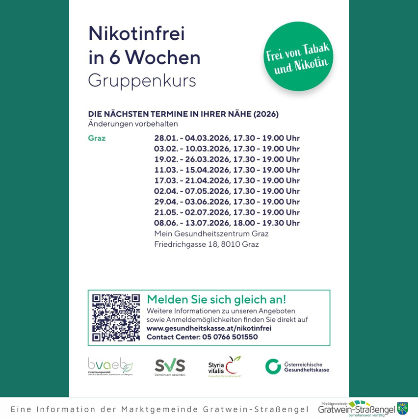 Plakat für einen 6-Wochen-Nikotin-frei-Gruppenkurs. Termine und Uhrzeiten aufgelistet, einschließlich Adresse und Kontaktdaten. QR-Code für die Anmeldung. Logos der teilnehmenden Organisationen.