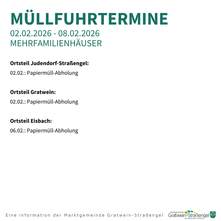 Plakat mit grünem Text 'MÜLLFUHRTTERMINE' für die Daten 02.02.2026 bis 08.02.2026, das die Papierentsorgung an mehreren Orten an bestimmten Terminen erwähnt.