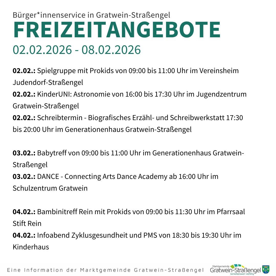 Plakat für Freizeitangebote vom 02.02.2026 bis 08.02.2026. Angebote umfassen eine Spielgruppe, KinderUNI Astronomie, einen Schreibworkshop, ein Babysitter-Treffen, eine Tanzakademie, ein Babysitter-Treffen und eine Gesundheitskontrolle für Kinder.