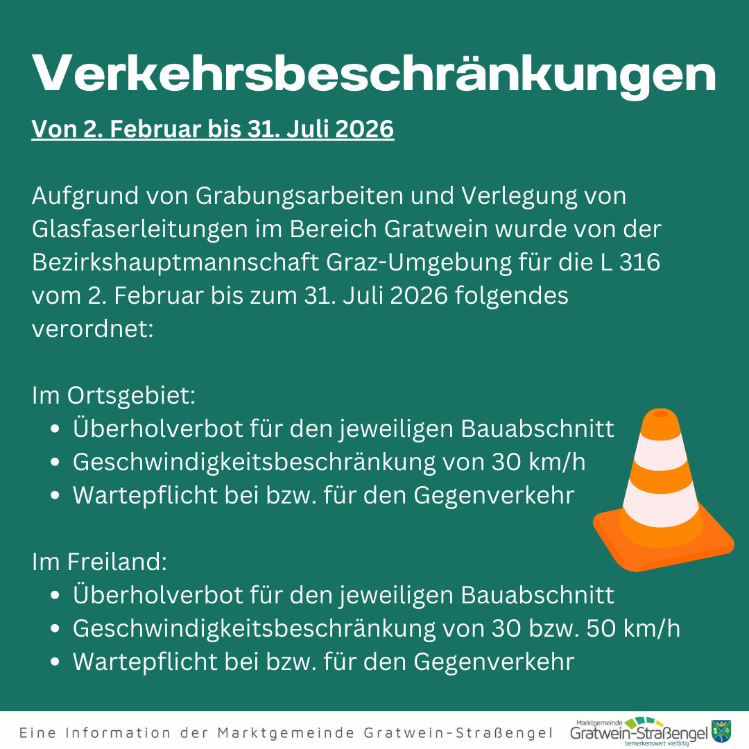 Das Bild zeigt Verkehrsbeschränkungen auf der L 316 vom 2. Februar bis zum 31. Juli 2026 aufgrund von Bauarbeiten und Verlegung von Glasfaserleitungen. Im Bereich gilt ein Überholverbot, eine Geschwindigkeitsbeschränkung von 30 km/h und eine Vorfahrtspflicht. Im freien Bereich gelten ähnliche Einschränkungen, mit einer Geschwindigkeitsbegrenzung von 30 bzw. 50 km/h.