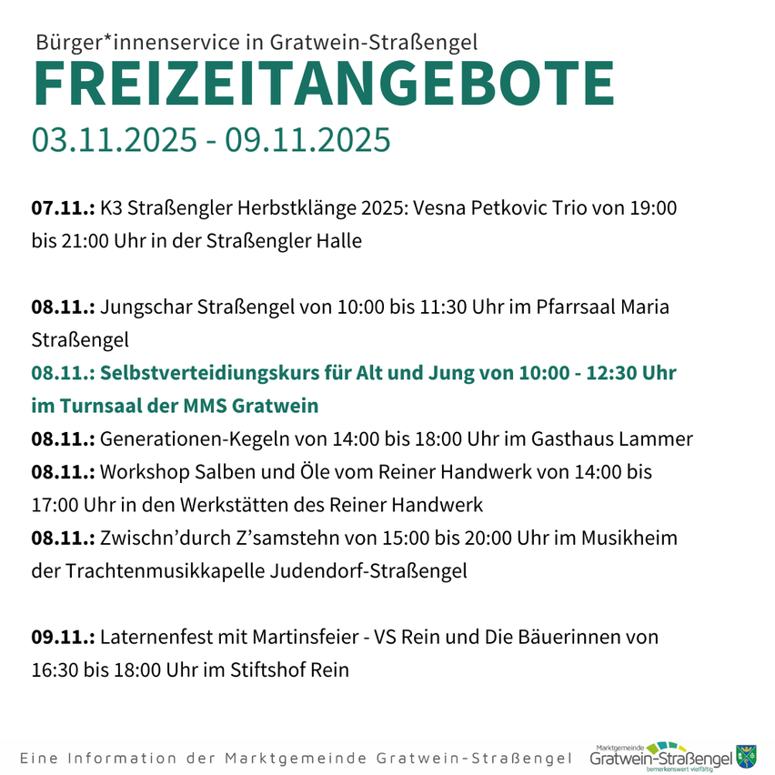 Freizeitangebote vom 03.11.2025 bis 09.11.2025. Veranstaltungen beinhalten K3 StraBengler Herbstklange, Jungschar StraBengler, Selbstverteidigungskurs, Generationen-Kegeln, Salben und Ole Workshop, Zwischen'durch Z'samsten und Laternenfest mit Martinsfeier.