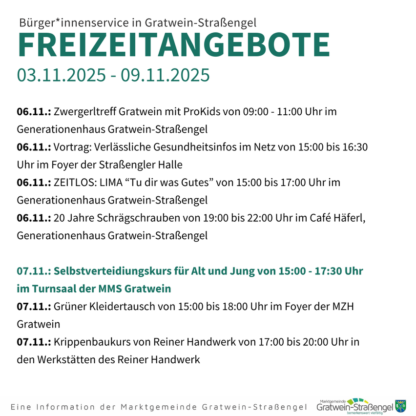 Plakat mit Freizeitangeboten in Gratwein-Strafenzel vom 03.11.2025 bis 09.11.2025. Veranstaltungen umfassen ein Kindertreffen, Gesundheitsvorträge und Events wie 'LIMA' und einen Holzbearbeitungskurs.